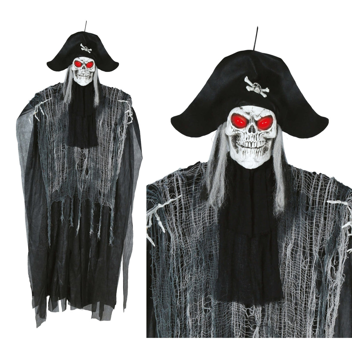 Squelette pirate à suspendre, lumineux et sonore, 185 cm