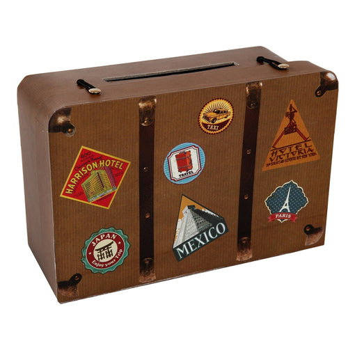 Tirelire valise de voyage à étiquettes