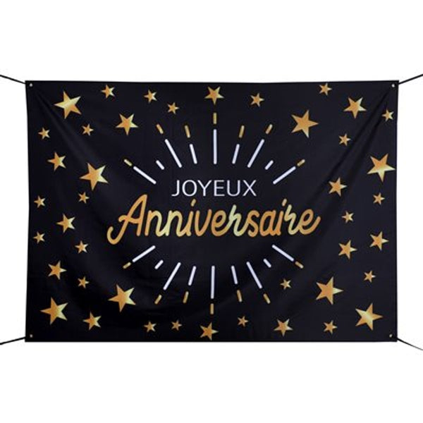Toile de fond Joyeux anniversaire, noir et or, 210 x 150 cm